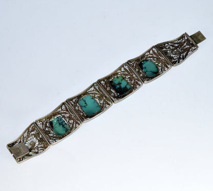 Antique Chinese Carved Turquoise Enamel Silver Bracelet C.1890