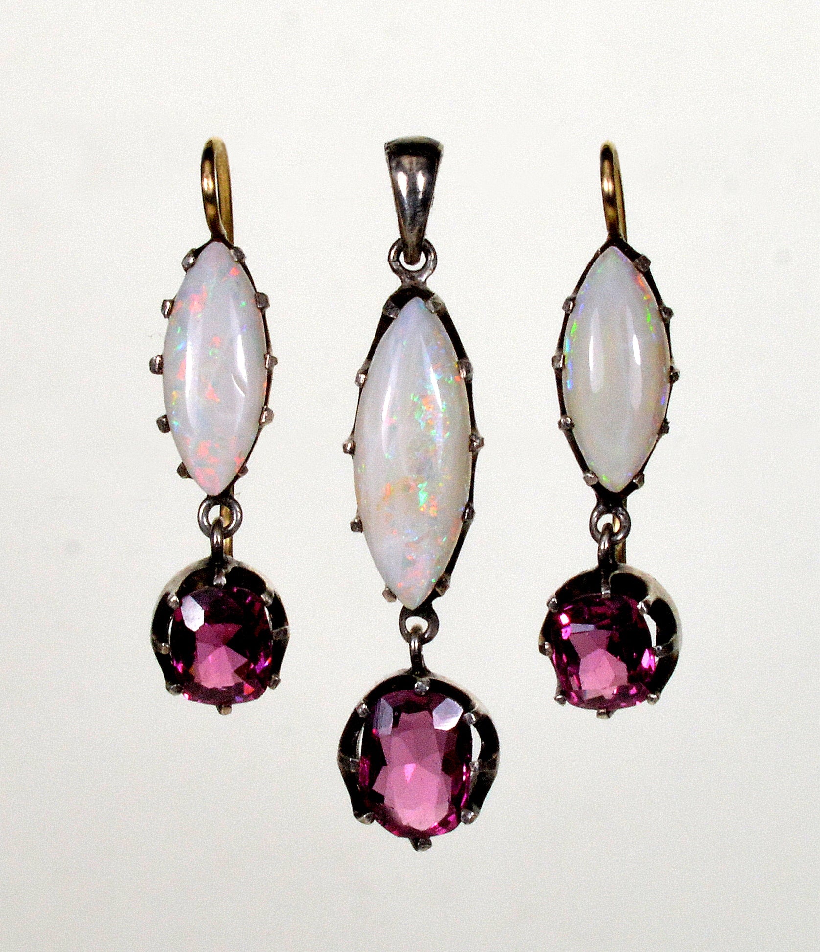 Victorian Opal Garnet Earrings Pendant Set 14K Sterling C.1890 003622