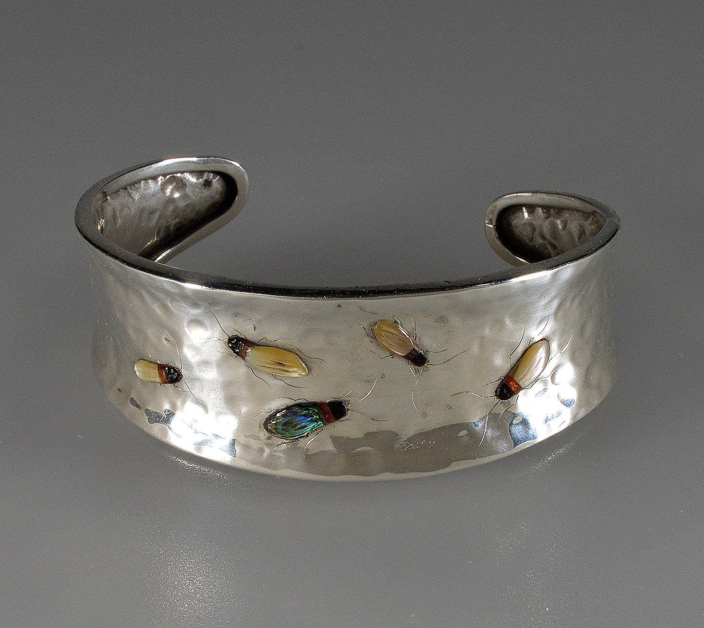 Antique Japanese Shibayama Insect Sterling Cuff Bracelet C.1900