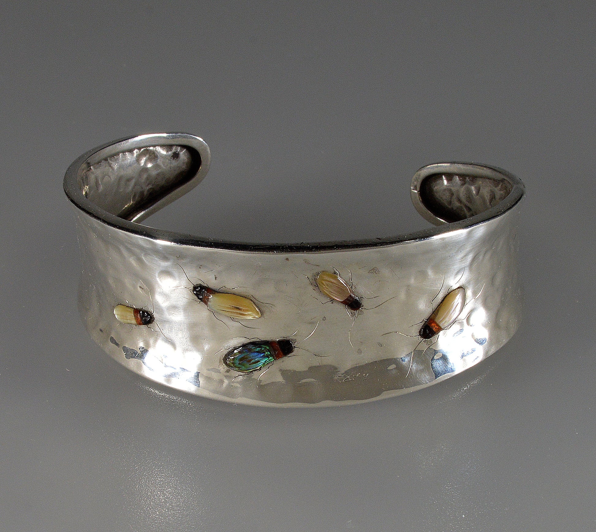Antique Japanese Shibayama Insect Sterling Cuff Bracelet C.1900