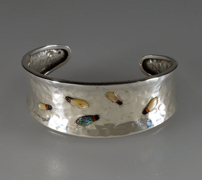 Antique Japanese Shibayama Insect Sterling Cuff Bracelet C.1900