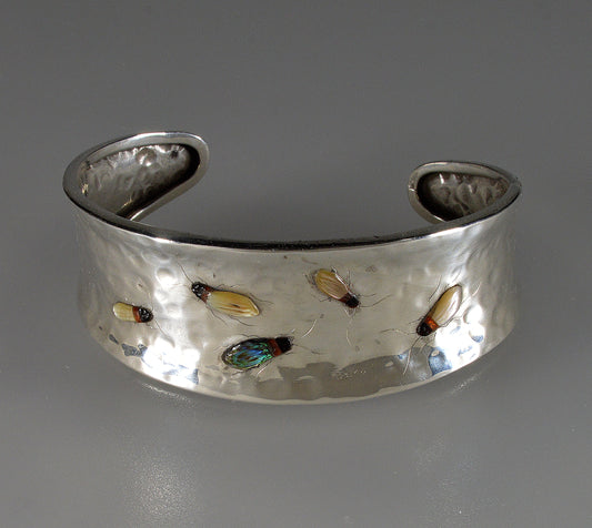 Antique Japanese Shibayama Insect Sterling Cuff Bracelet C.1900
