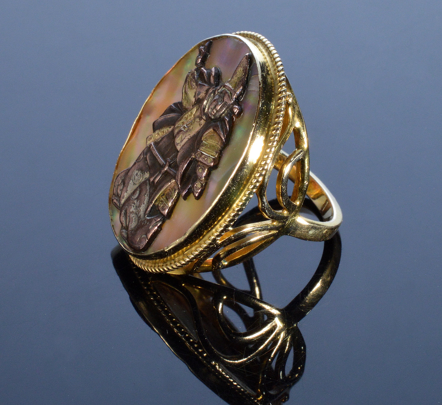 Antique Japanese Shakudo 14K Gold Mixed Metal Samurai Ring Size 6 1/2 C.1890