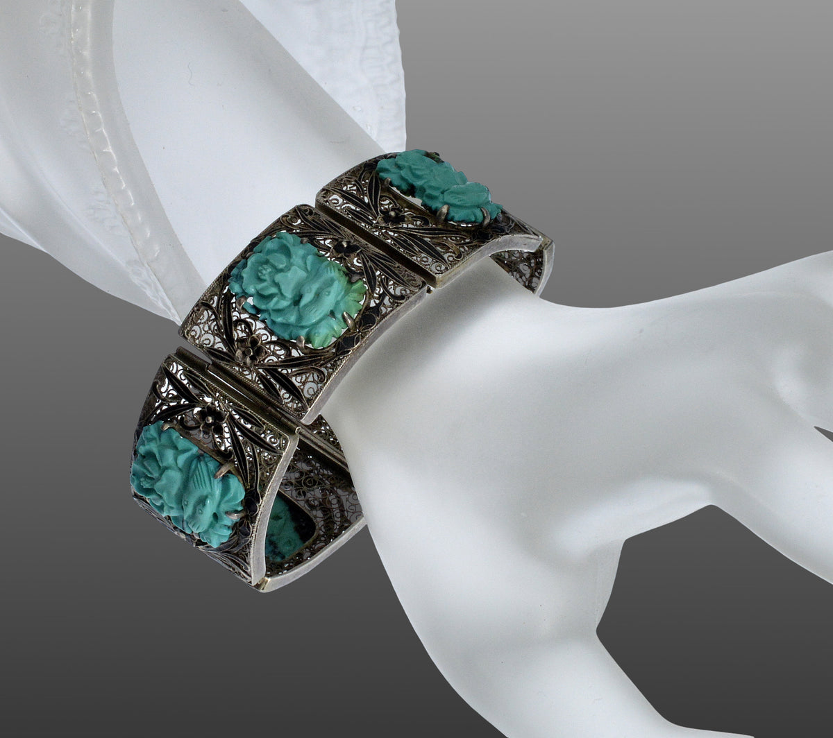 Antique Chinese Carved Turquoise Enamel Silver Bracelet C.1890