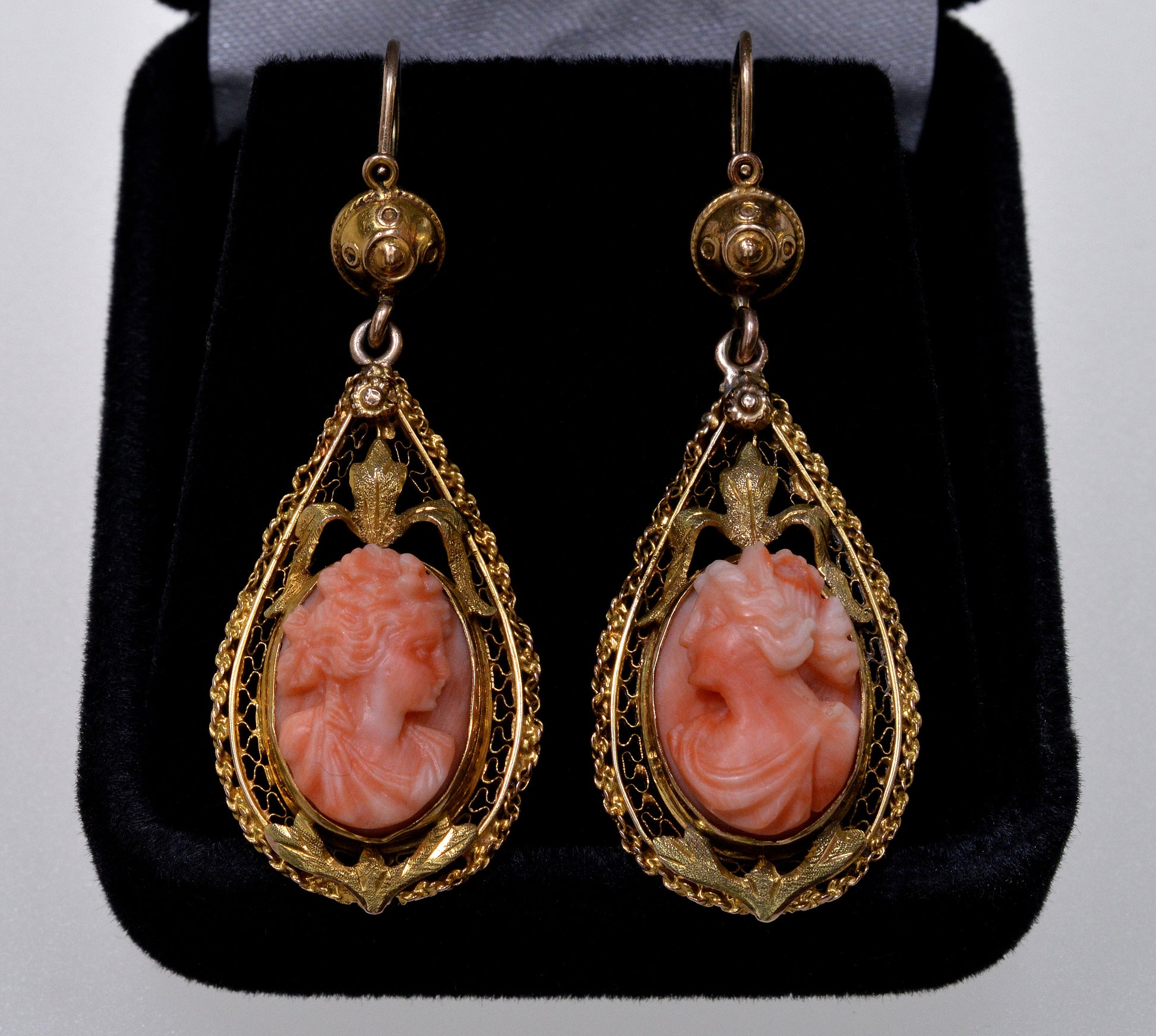 Antique Victorian 14K Gold Coral Cameo Earrings C.1840