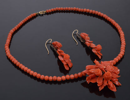 Victorian Salmon Red Coral 14K Gold Necklace Earrings Set C.1860