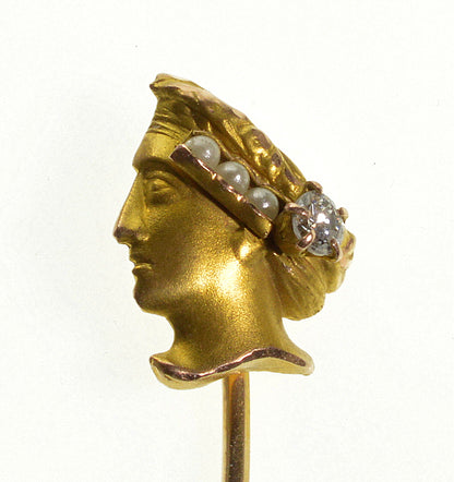 Art Nouveau Neoclassical 10K Diamond Pearl Stick Pin C.1900