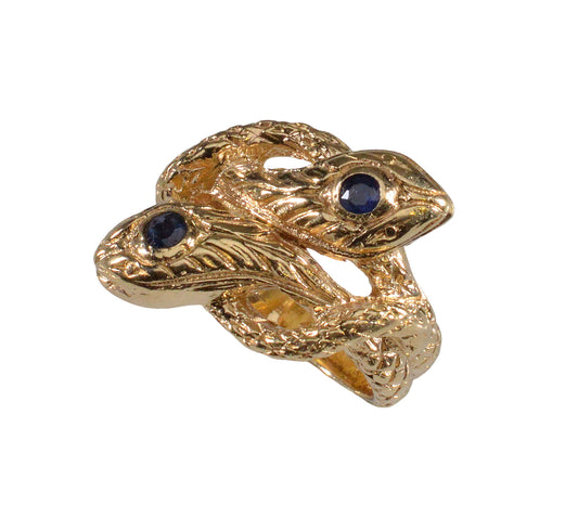 Antique Victorian 14K Gold Sapphire Double Snake Ring C.1880 Size 4