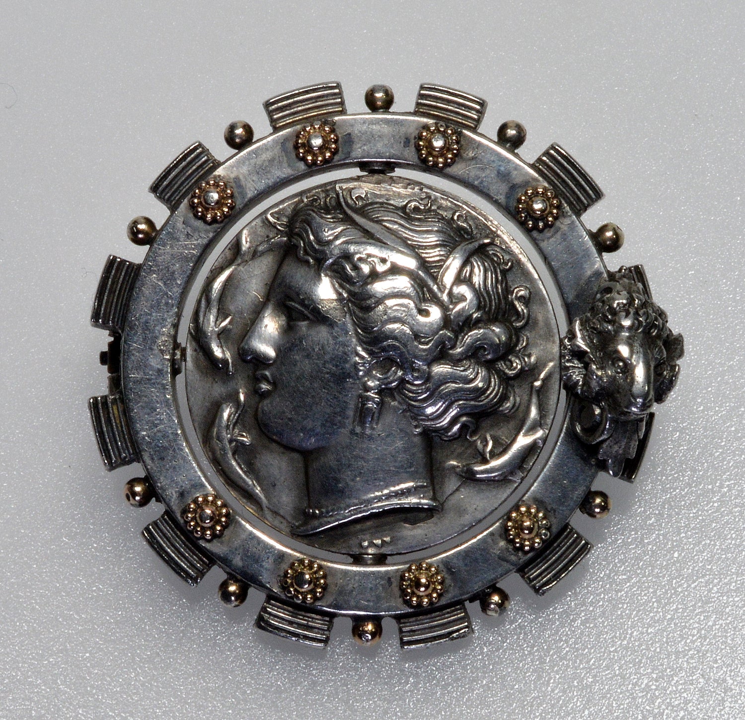 Antique Austro-Hungarian Georg Adam Scheid Silver Spinner Brooch Greek Coin Medallion C.1890