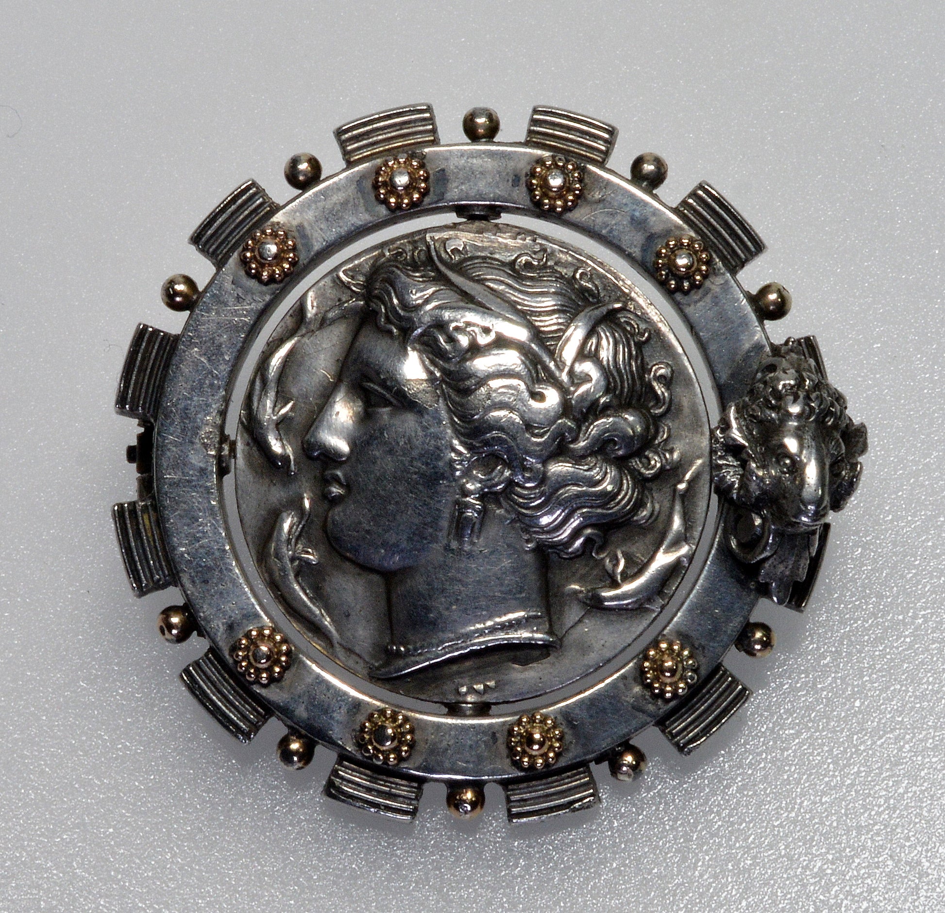 Antique Austro-Hungarian Georg Adam Scheid Silver Spinner Brooch Greek Coin Medallion C.1890
