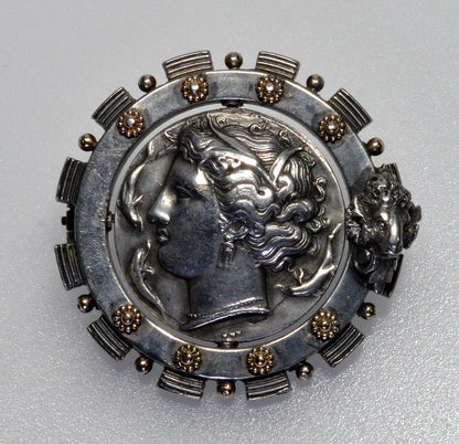 Antique Austro-Hungarian Georg Adam Scheid Silver Spinner Brooch Greek Coin Medallion C.1890