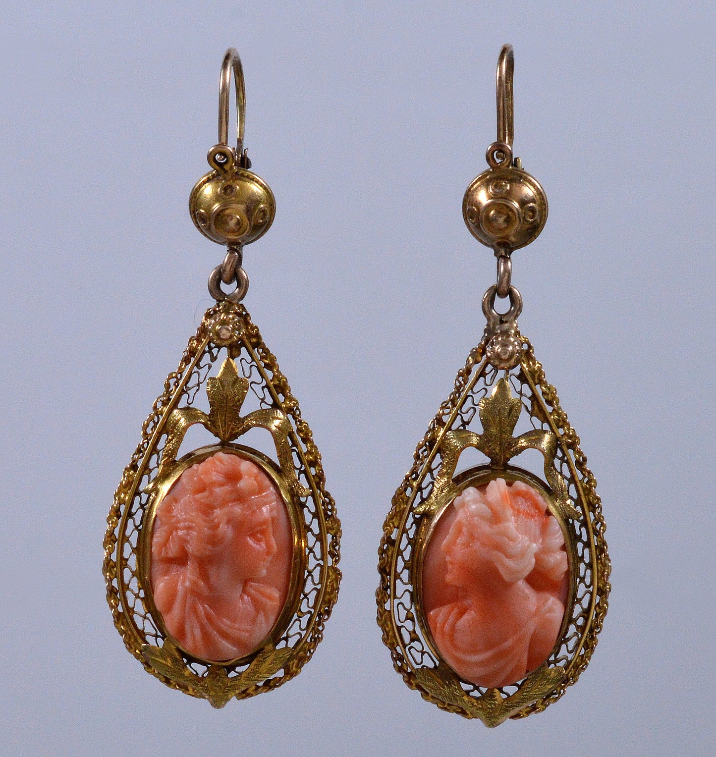Antique Victorian 14K Gold Coral Cameo Earrings C.1840