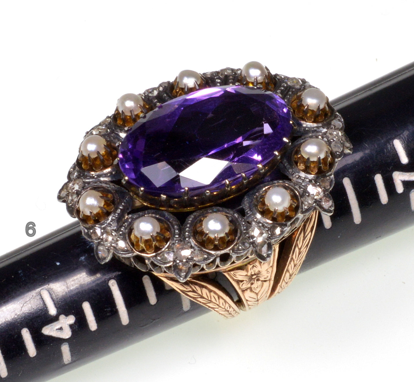 Antique Victorian 14K Gold Ring Amethyst Diamond Pearl C.1860