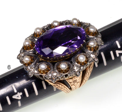 Antique Victorian 14K Gold Ring Amethyst Diamond Pearl C.1860