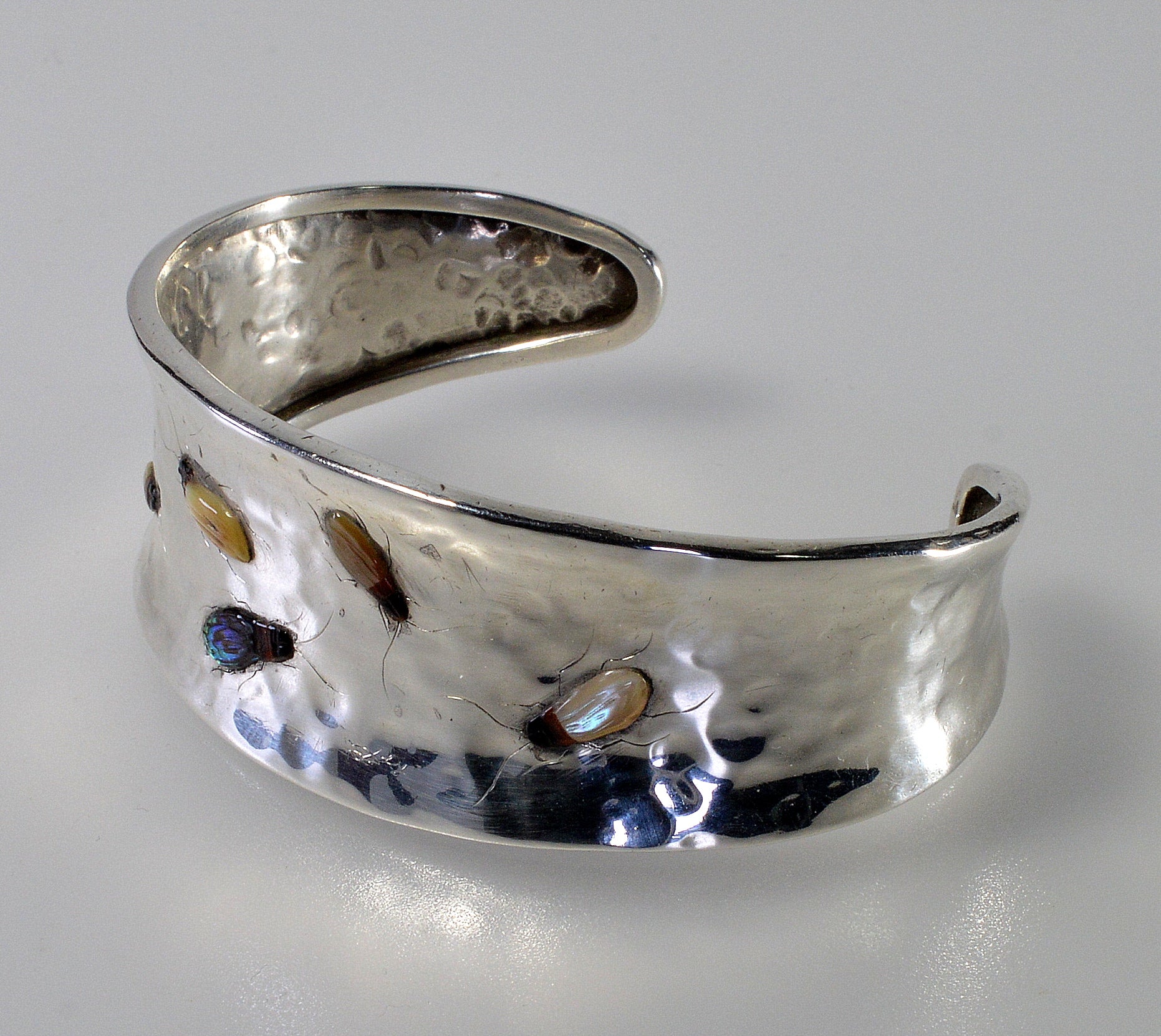 Antique Japanese Shibayama Insect Sterling Cuff Bracelet C.1900