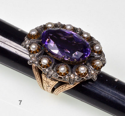 Antique Victorian 14K Gold Ring Amethyst Diamond Pearl C.1860