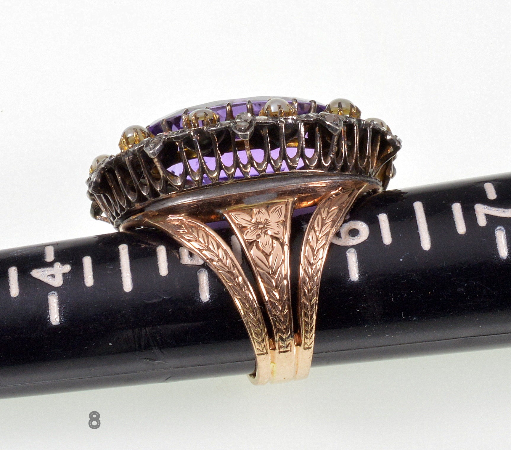 Antique Victorian 14K Gold Ring Amethyst Diamond Pearl C.1860