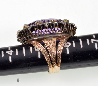 Antique Victorian 14K Gold Ring Amethyst Diamond Pearl C.1860