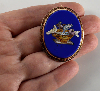 Antique Victorian 14K Gold Micro Mosaic Pendant Brooch The Doves of Pliny Italian Grand Tour C.1900