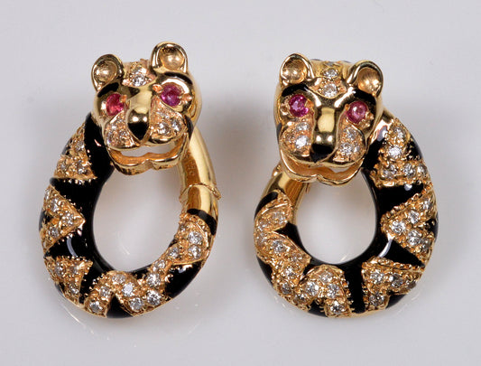 Estate 14K Gold Tiger Earrings Diamond Ruby Enamel C.1960