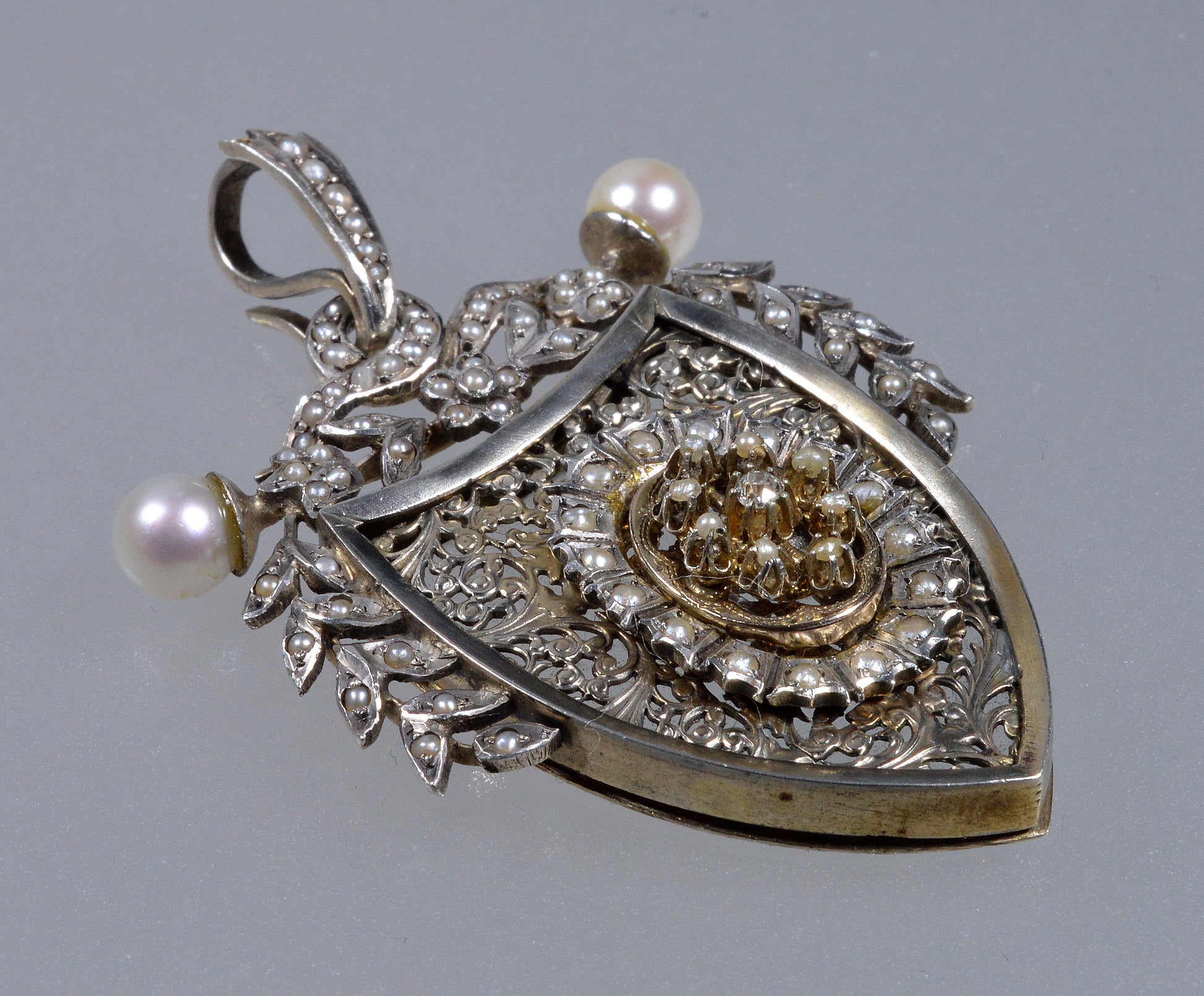 Antique Austro-Hungarian Locket Pendant Diamond Natural Pearls Silver C.1880