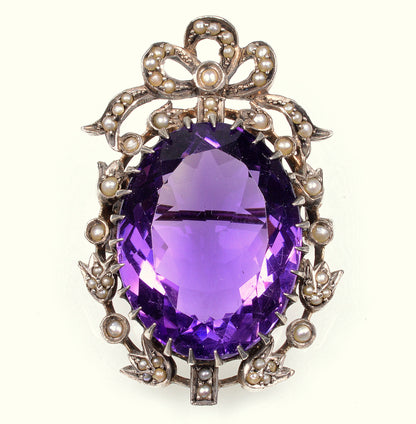 Antique Victorian Amethyst Pearl Sterling Brooch Pin C.1880