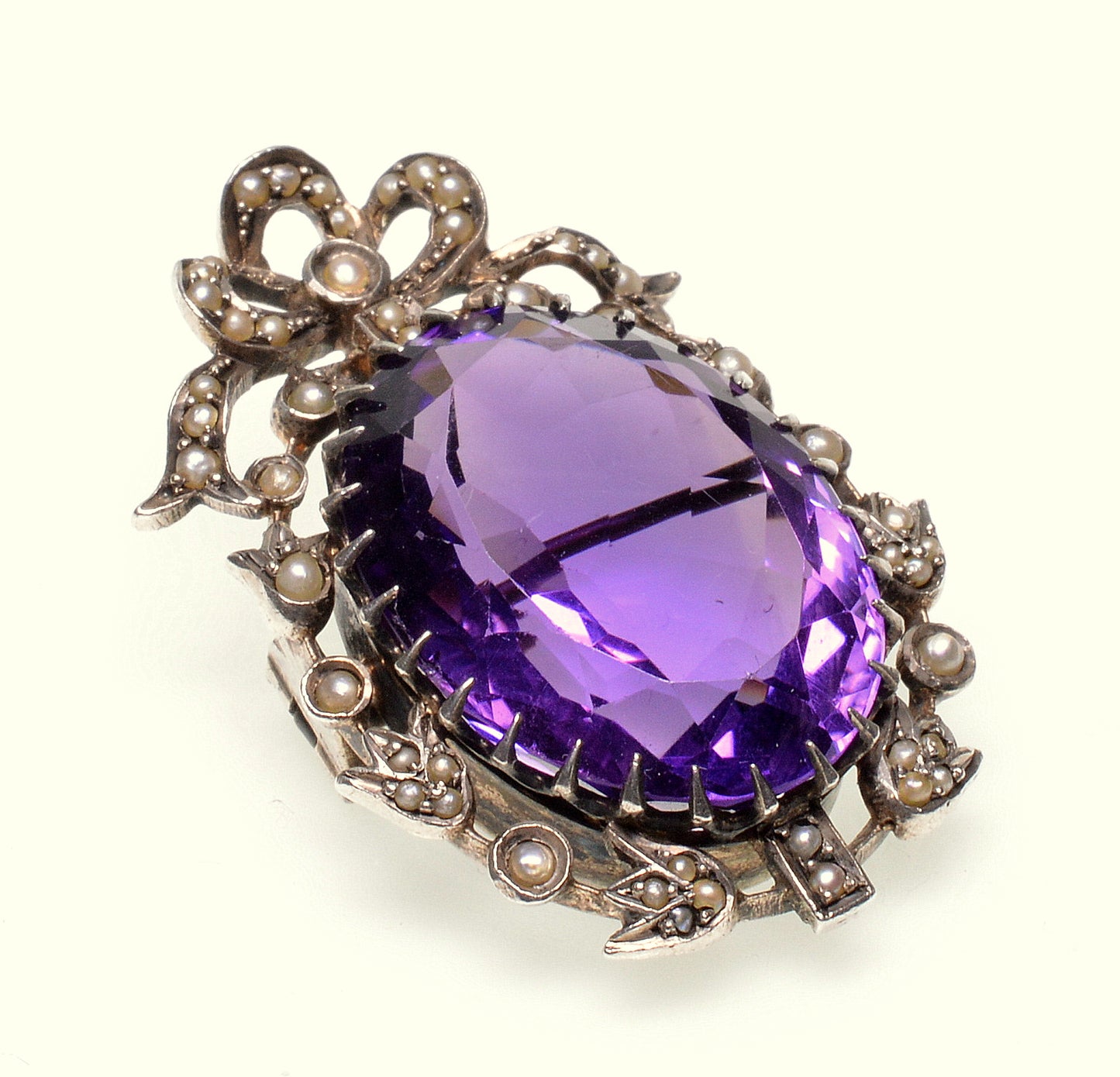 Antique Victorian Amethyst Pearl Sterling Brooch Pin C.1880