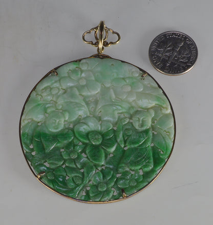 Vintage 14K Gold Carved Jadeite Jade Pendant Signed MONARCH C.1950