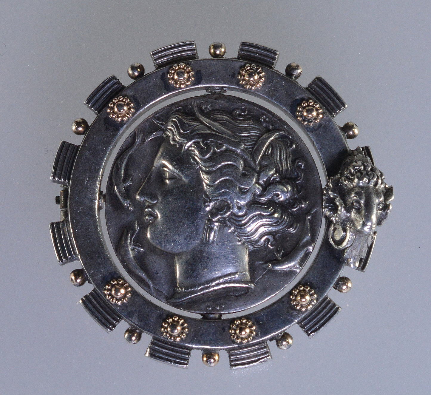 Antique Austro-Hungarian Georg Adam Scheid Silver Spinner Brooch Greek Coin Medallion C.1890