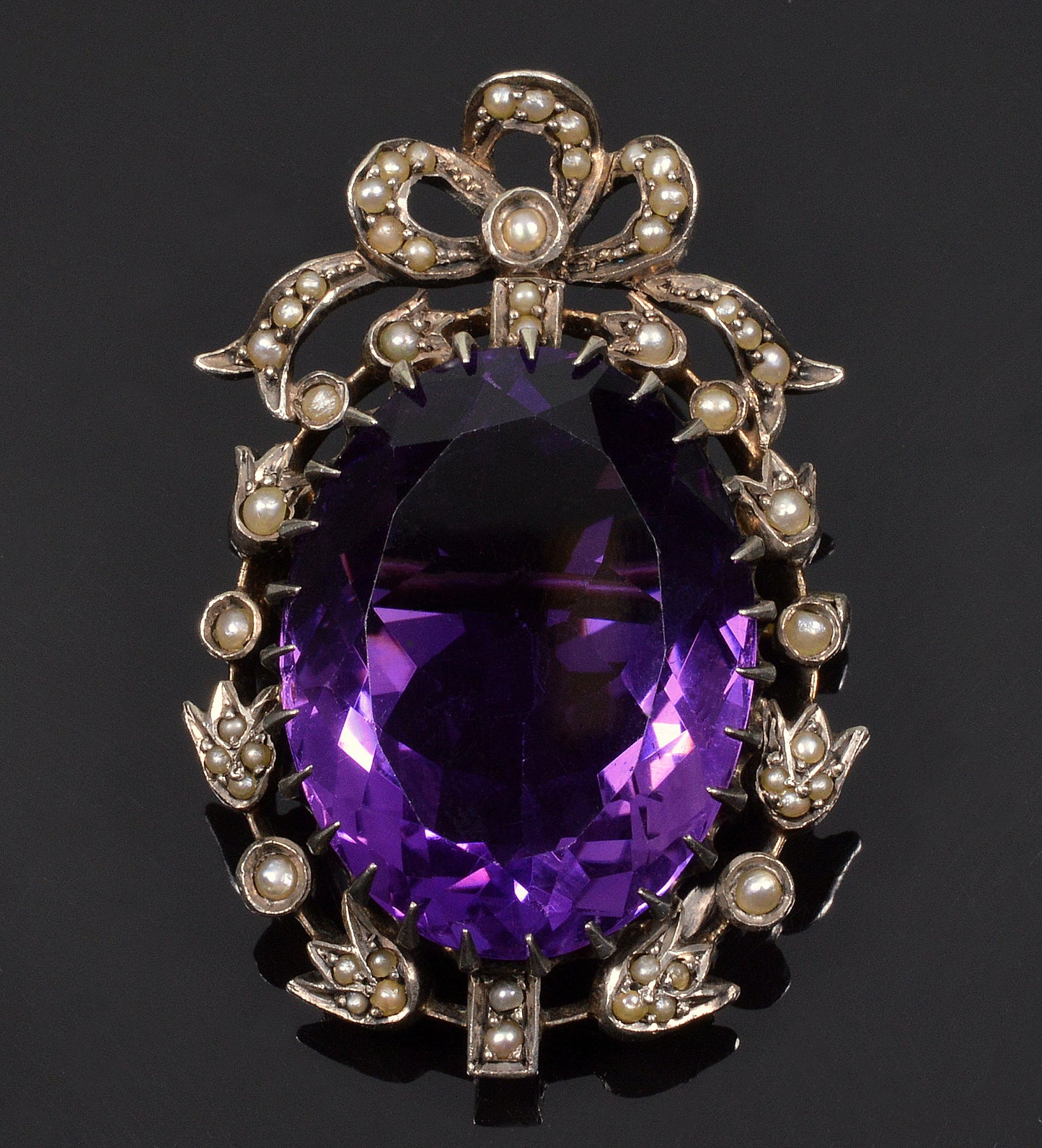 Antique Victorian Amethyst Pearl Sterling Brooch Pin C.1880