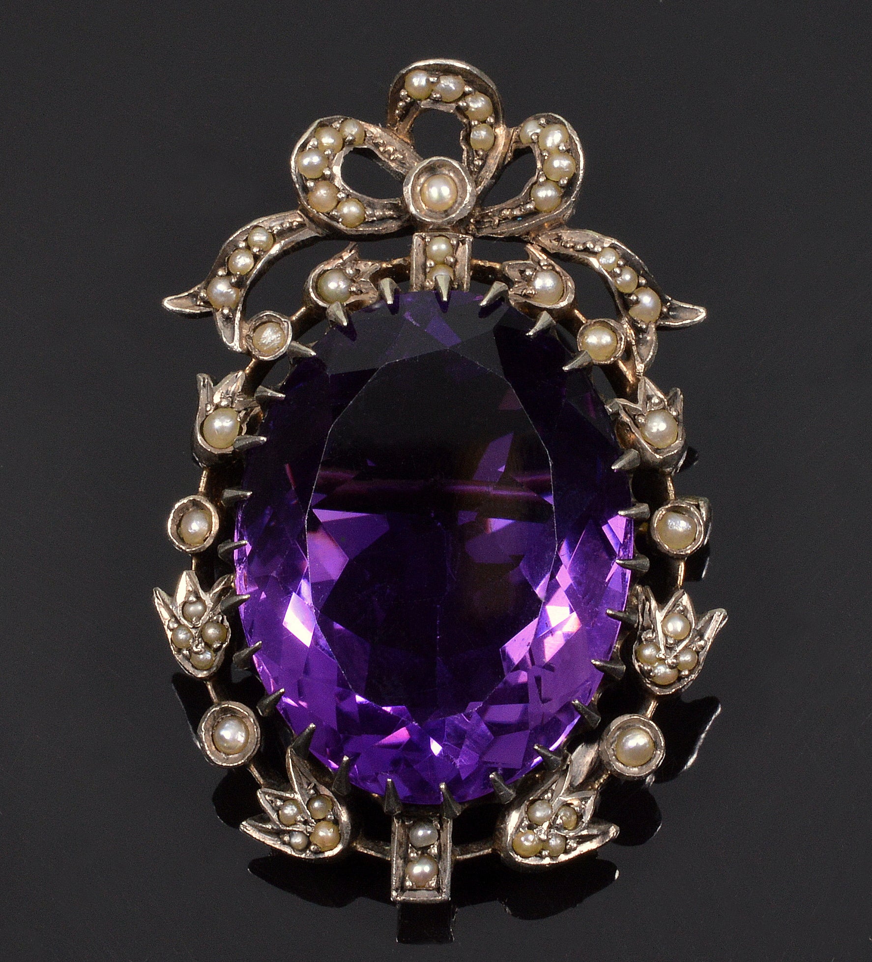 Antique Victorian Amethyst Pearl Sterling Brooch Pin C.1880