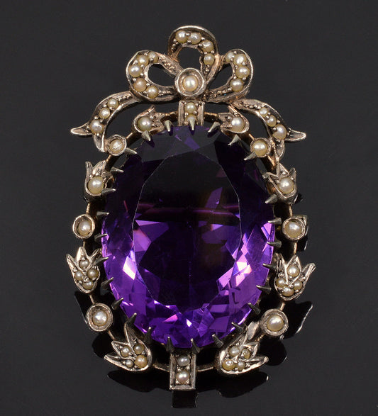 Antique Victorian Amethyst Pearl Sterling Brooch Pin C.1880