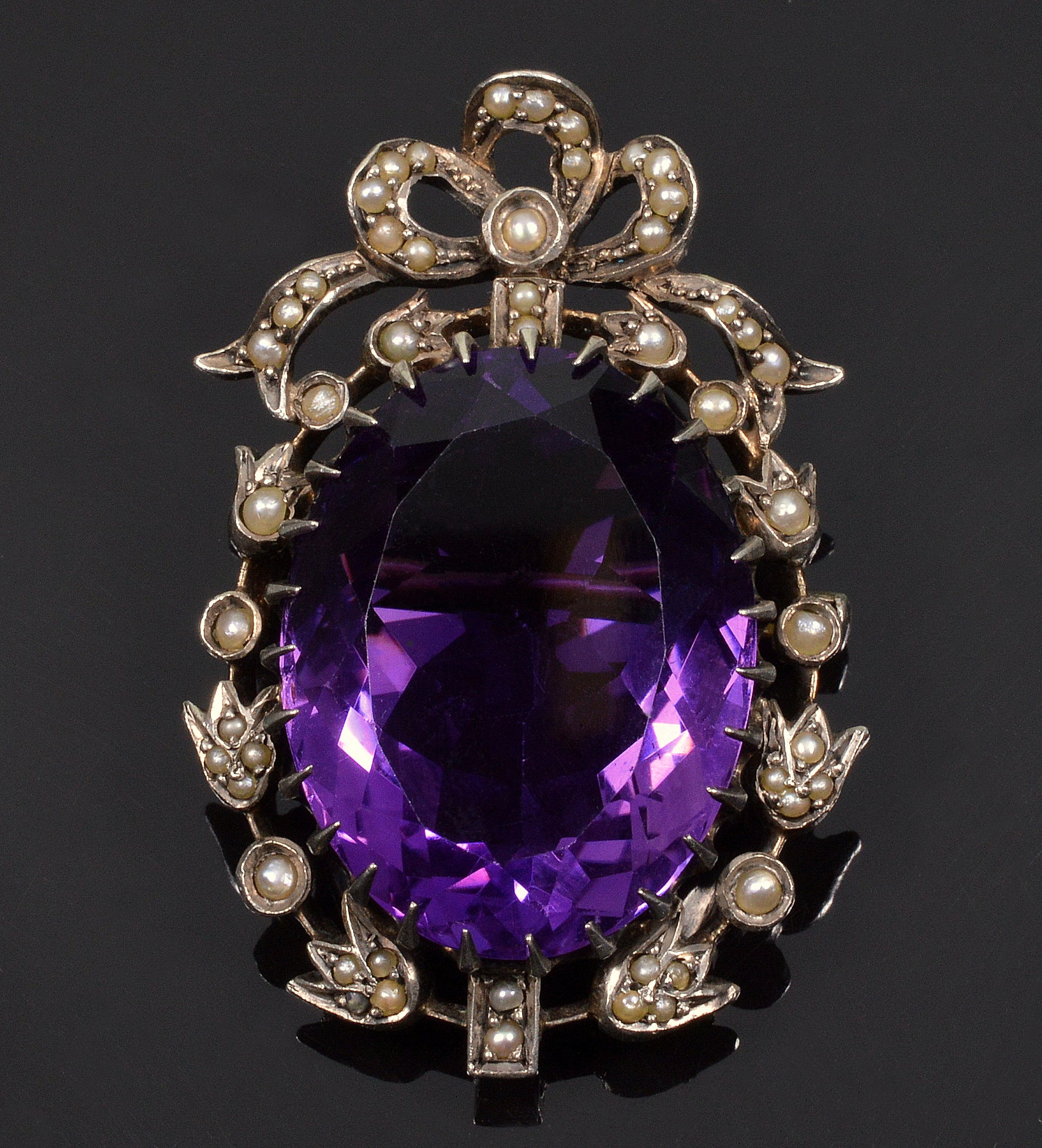 Antique Victorian Amethyst Pearl Sterling Brooch Pin C.1880