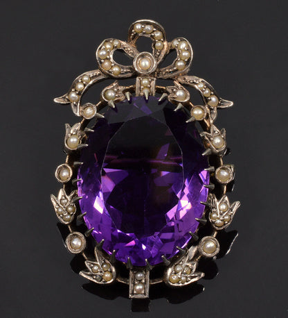 Antique Victorian Amethyst Pearl Sterling Brooch Pin C.1880