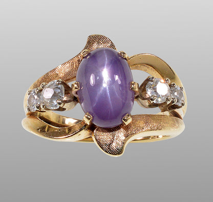 Natural Star Sapphire Diamond 14K Gold Ring Size 4 C.1940