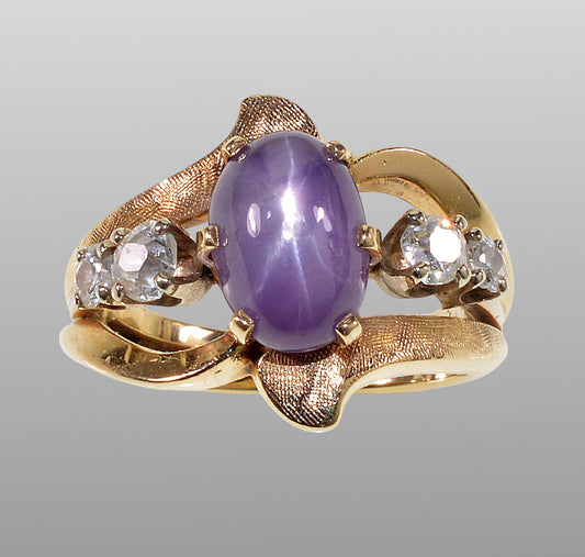 Natural Star Sapphire Diamond 14K Gold Ring Size 4 C.1940