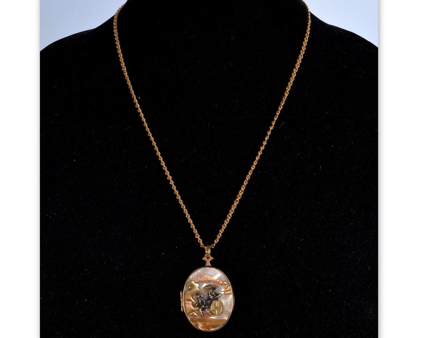 Antique Japanese Shibayama Shakudo Mixed Metal Locket Pendant Crane Rickshaw C.1880