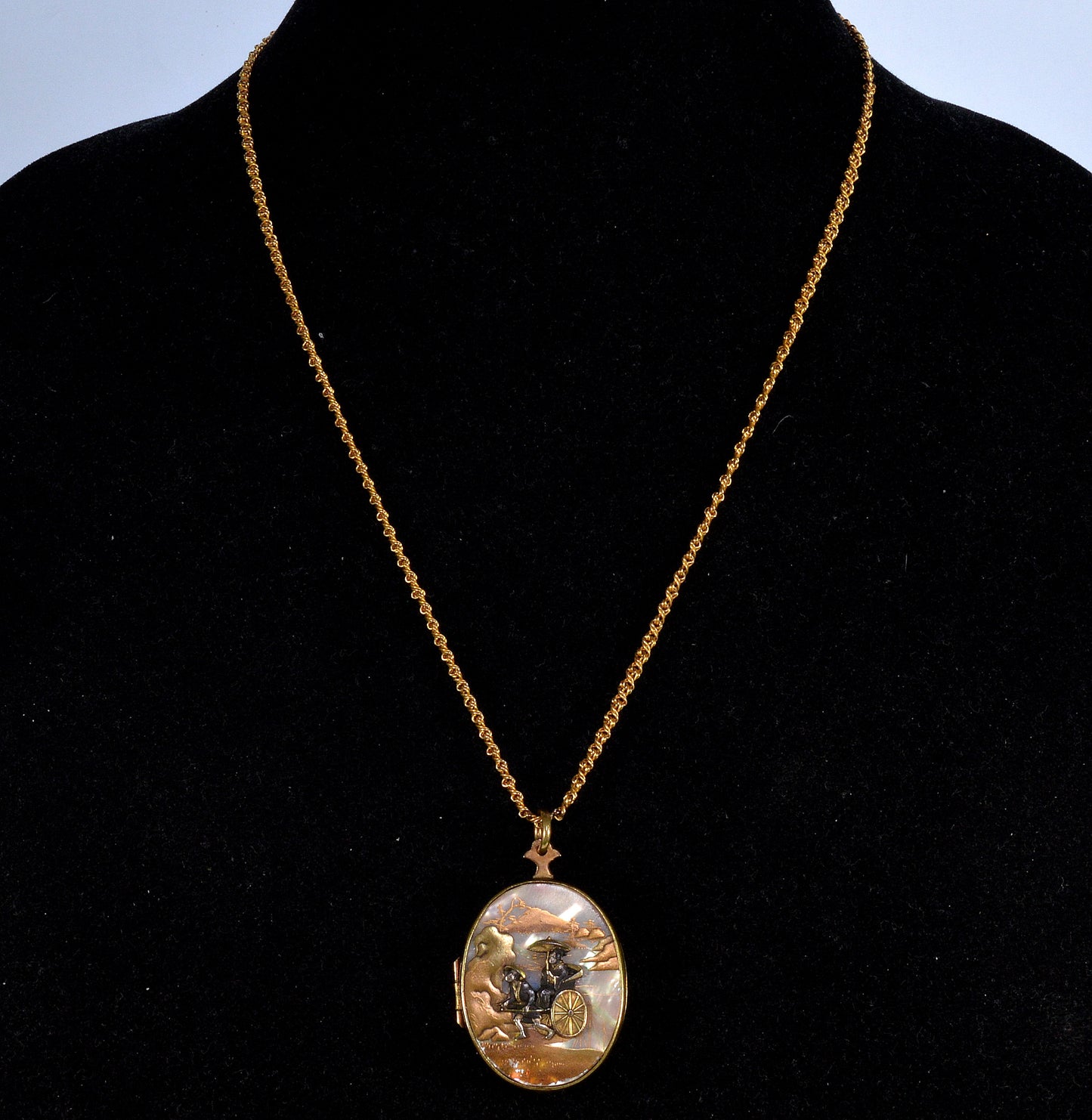 Antique Japanese Shibayama Shakudo Mixed Metal Locket Pendant Crane Rickshaw C.1880