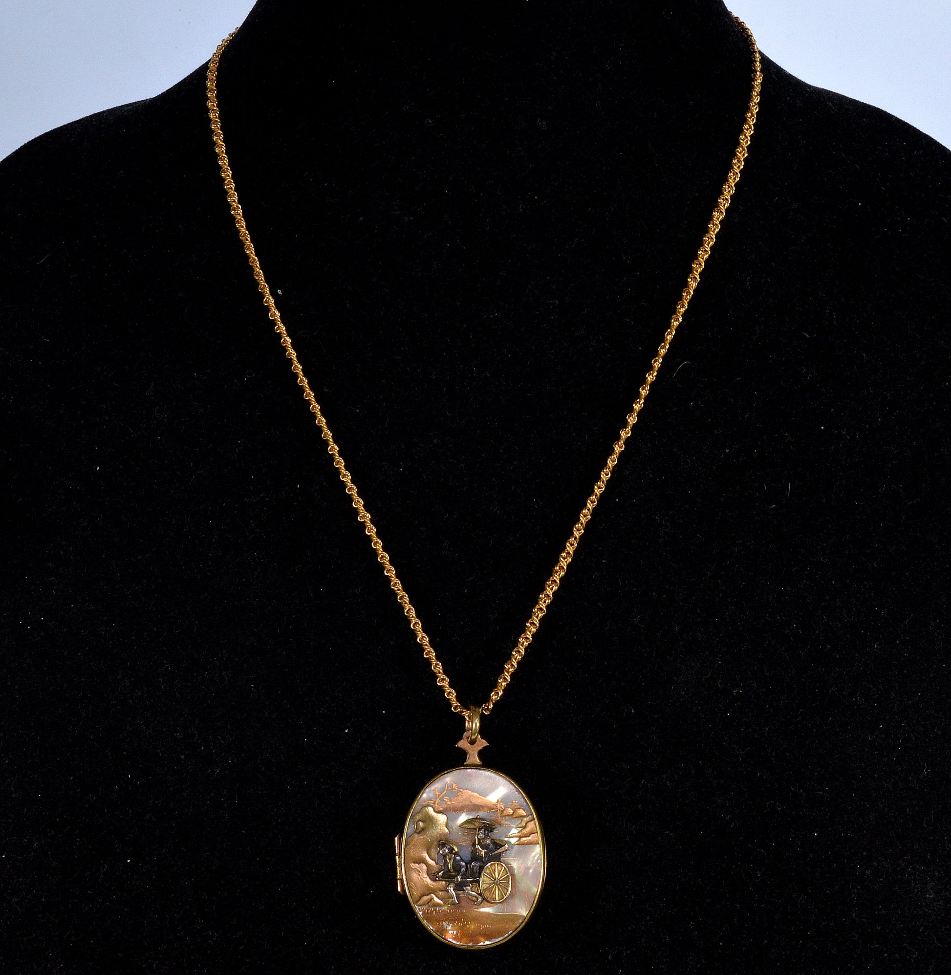 Antique Japanese Shibayama Shakudo Mixed Metal Locket Pendant Crane Rickshaw C.1880