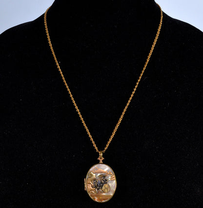 Antique Japanese Shibayama Shakudo Mixed Metal Locket Pendant Crane Rickshaw C.1880