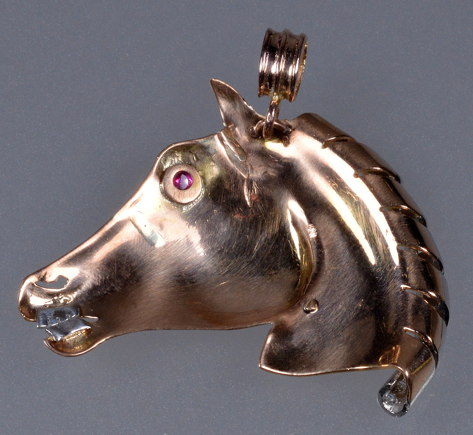 Retro 18K Gold Platinum Diamond Ruby Horse Head Pendant C.1930