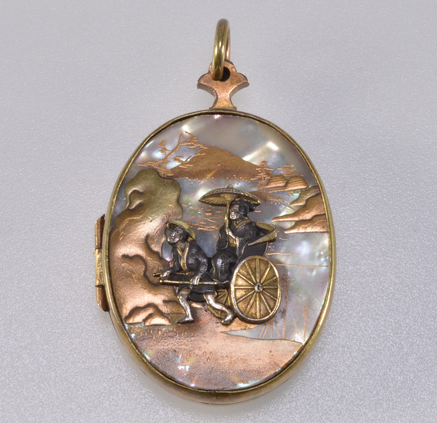 Antique Japanese Shibayama Shakudo Mixed Metal Locket Pendant Crane Rickshaw C.1880