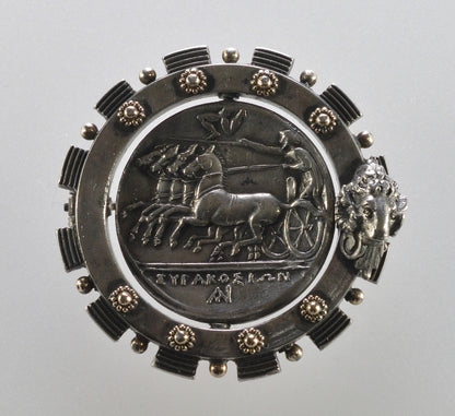 Antique Austro-Hungarian Georg Adam Scheid Silver Spinner Brooch Greek Coin Medallion C.1890