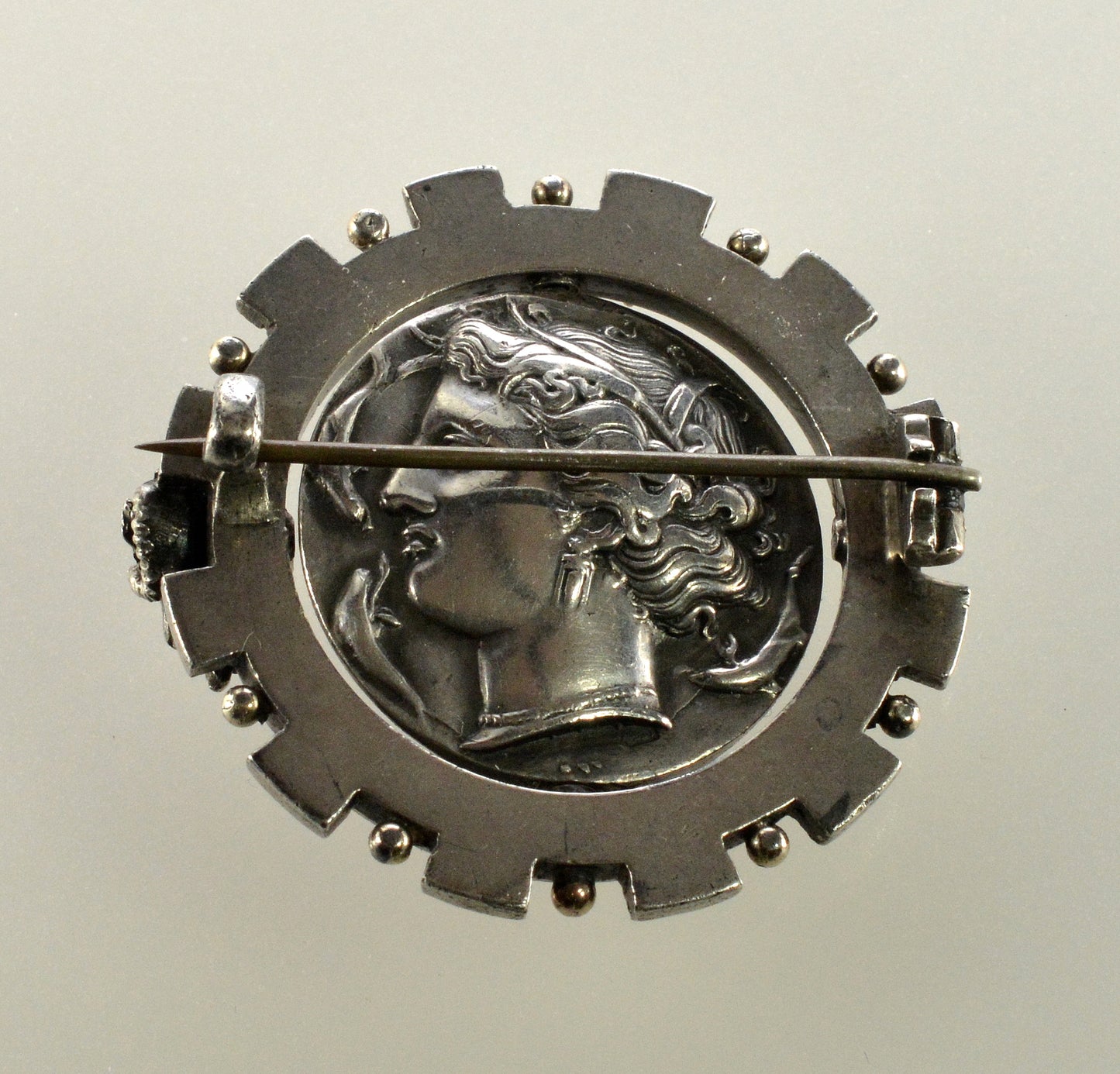 Antique Austro-Hungarian Georg Adam Scheid Silver Spinner Brooch Greek Coin Medallion C.1890