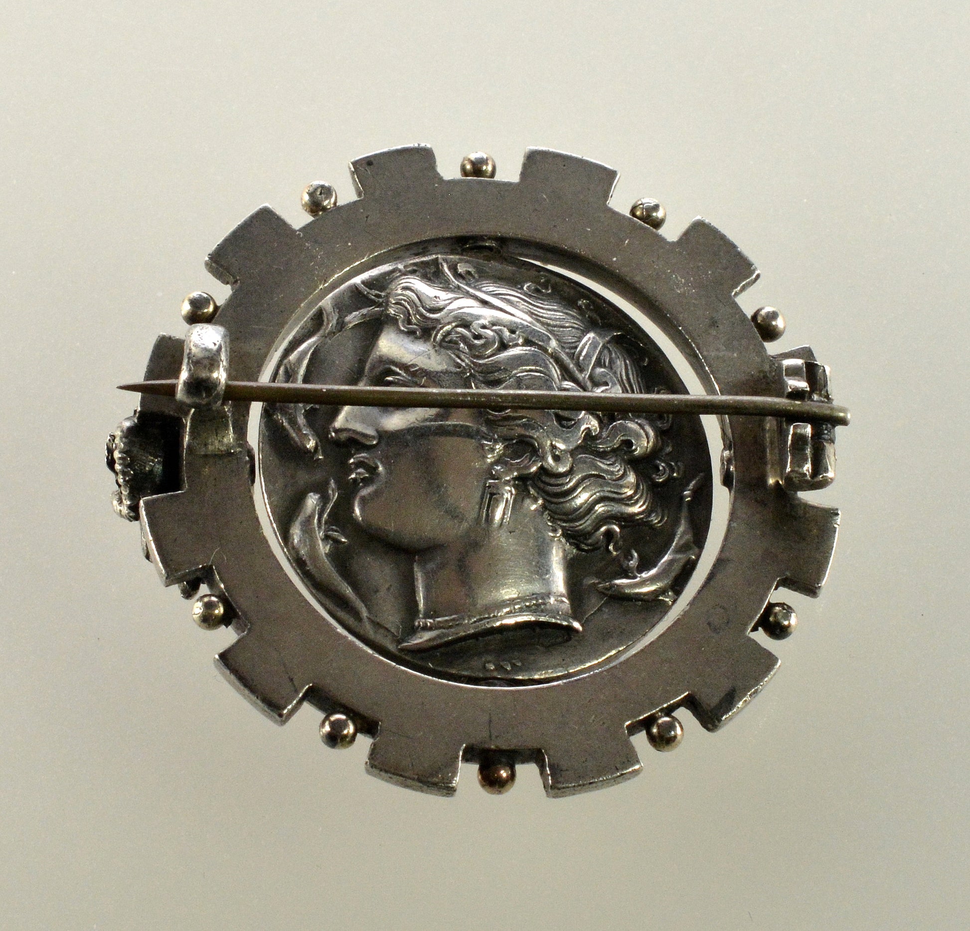 Antique Austro-Hungarian Georg Adam Scheid Silver Spinner Brooch Greek Coin Medallion C.1890