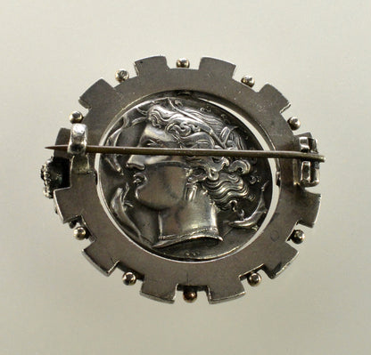 Antique Austro-Hungarian Georg Adam Scheid Silver Spinner Brooch Greek Coin Medallion C.1890