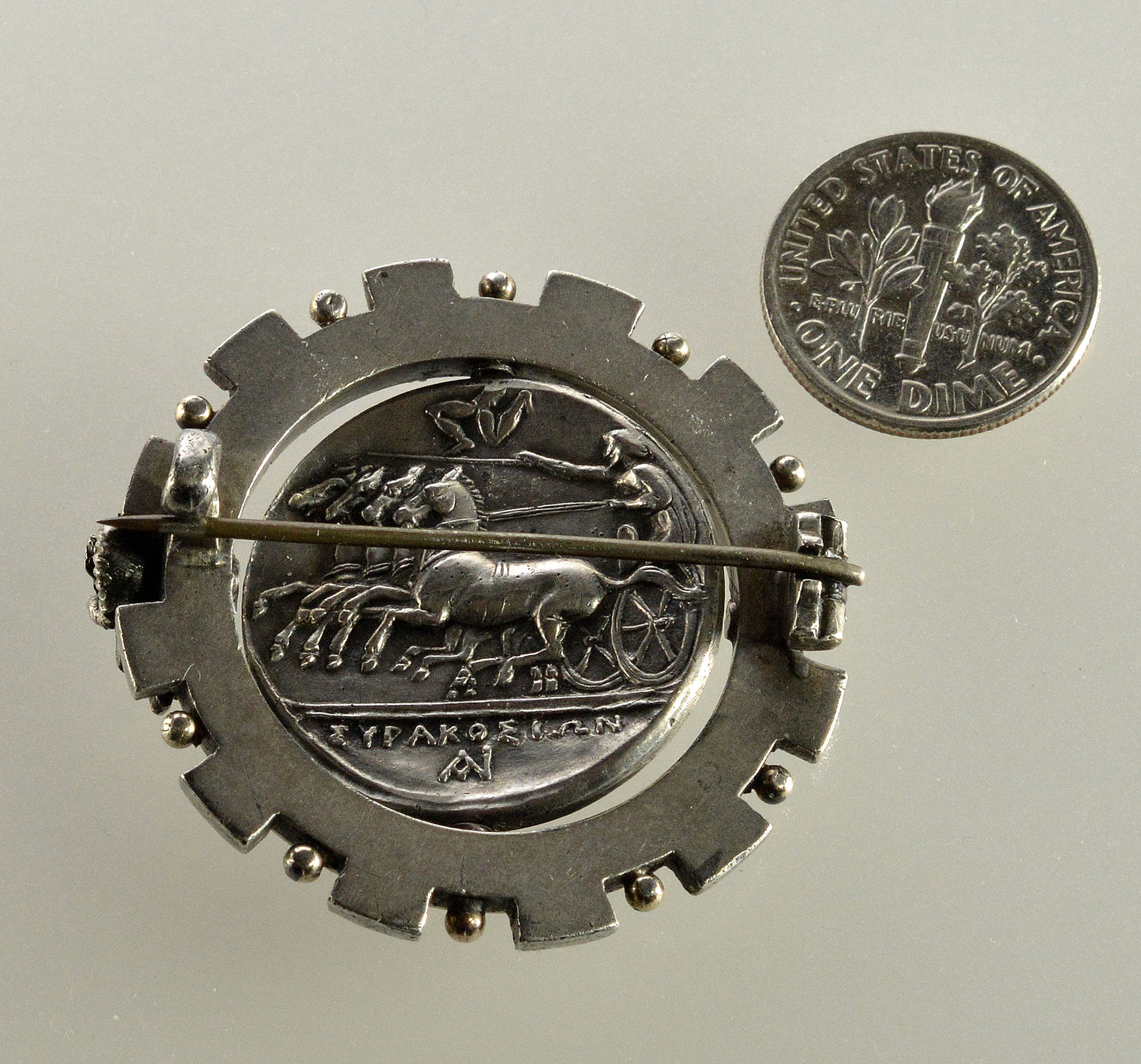 Antique Austro-Hungarian Georg Adam Scheid Silver Spinner Brooch Greek Coin Medallion C.1890