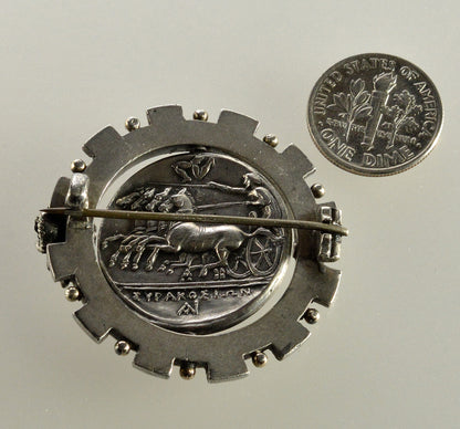 Antique Austro-Hungarian Georg Adam Scheid Silver Spinner Brooch Greek Coin Medallion C.1890