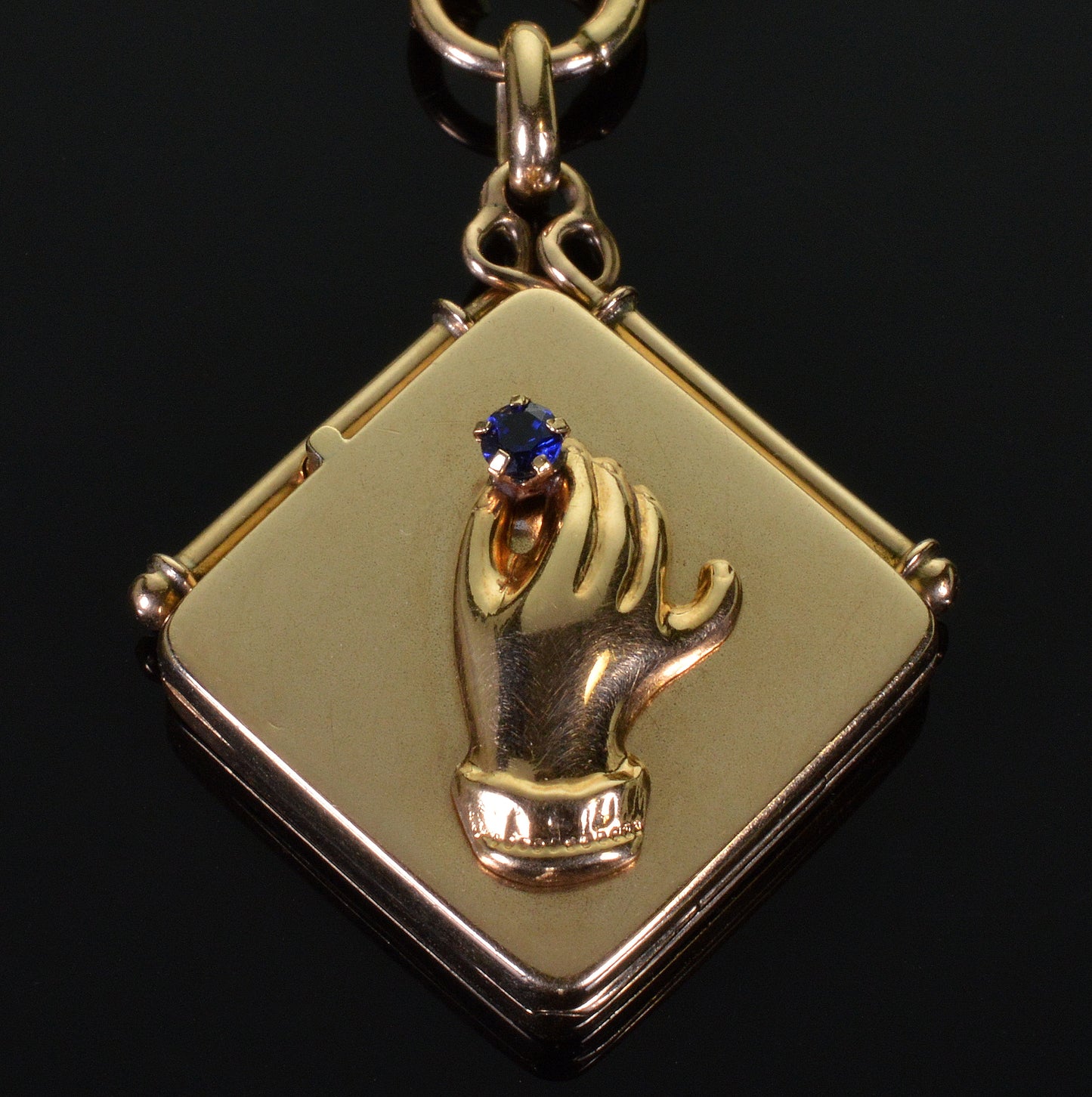 Victorian 10K Gold Hand Sapphire Locket Pendant C.1890