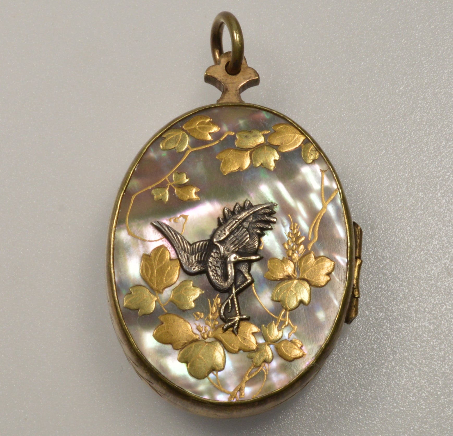 Antique Japanese Shibayama Shakudo Mixed Metal Locket Pendant Crane Rickshaw C.1880